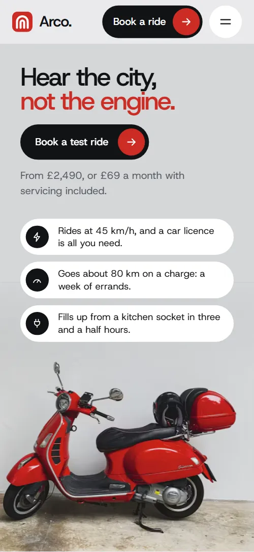 Electric moped website template: first screen on a phone