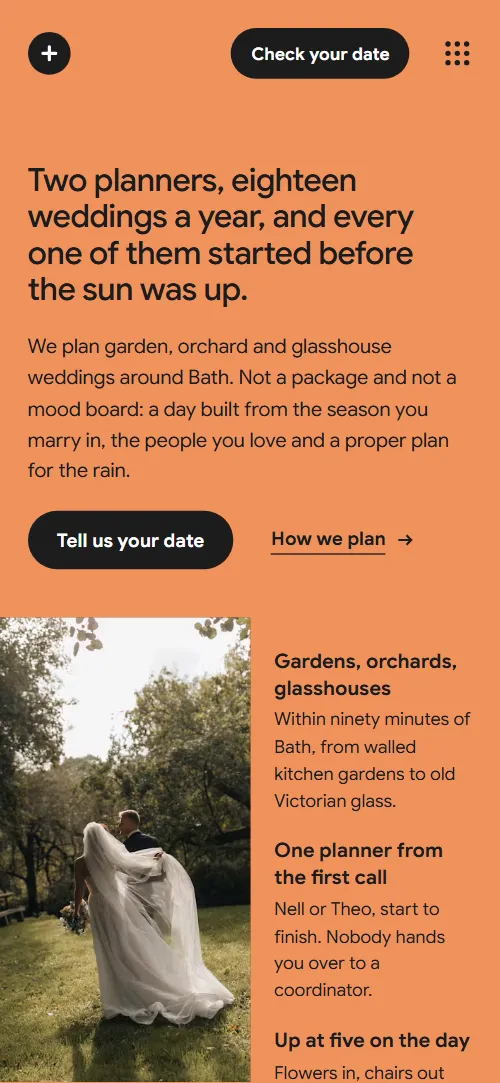 Wedding planner website template: first screen on a phone