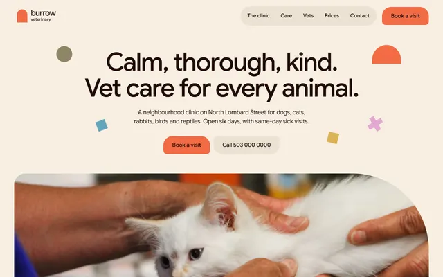 Burrow, a free veterinary website template: first screen