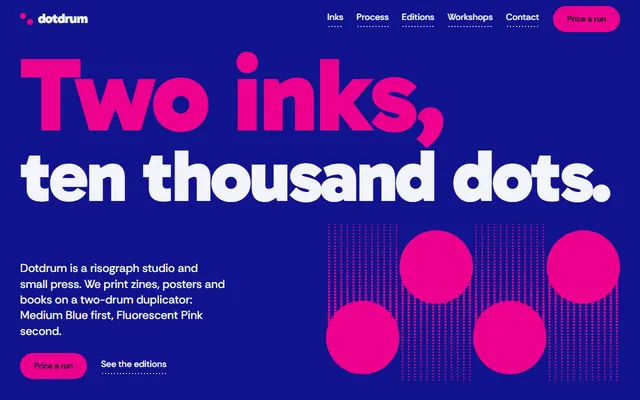 Dotdrum, a free print studio website template: first screen