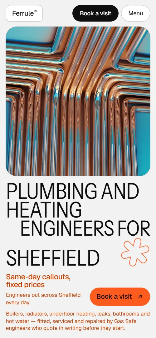 Plumber website template: first screen on a phone