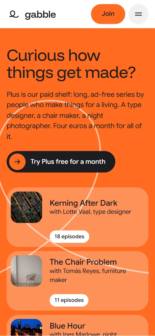 Podcast website template: first screen on a phone