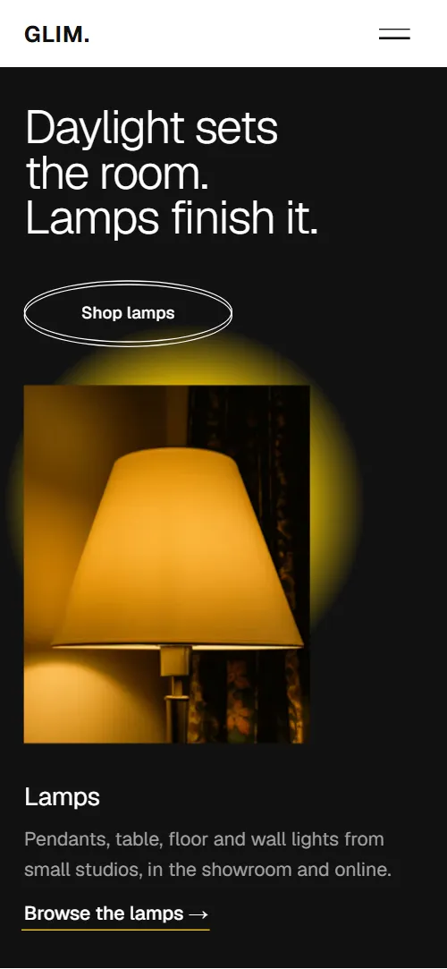 Lighting store website template: first screen on a phone