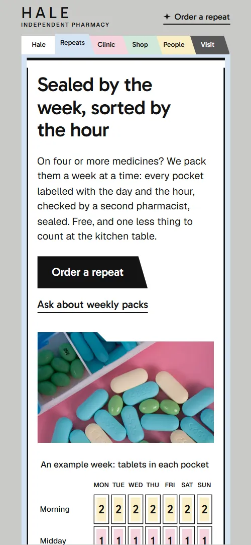 Pharmacy website template: first screen on a phone