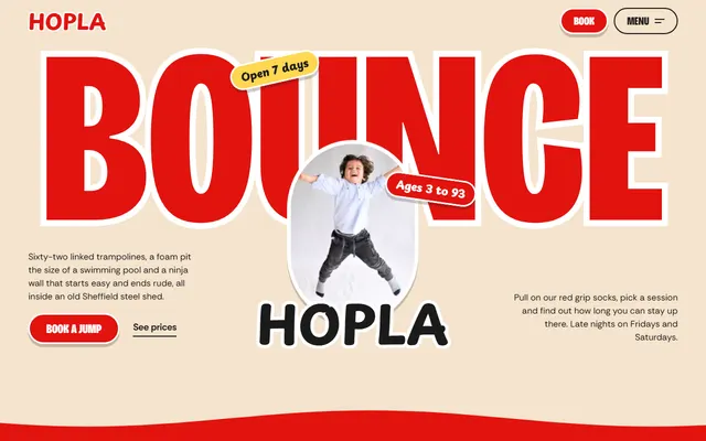Hopla, a free trampoline park website template: first screen