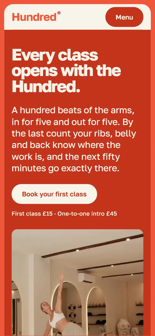 Pilates studio website template: first screen on a phone