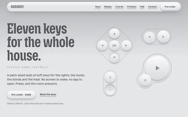 Hushkey, a free product landing page template: first screen
