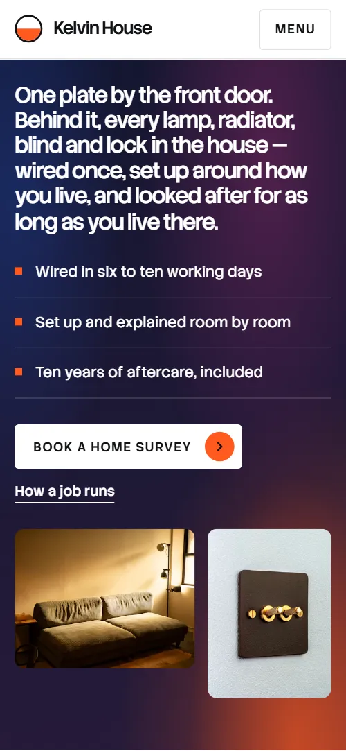Smart home website template: first screen on a phone