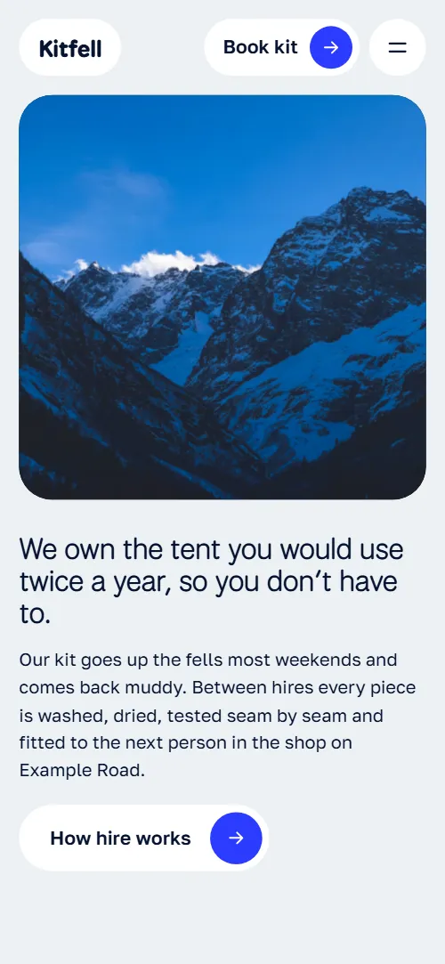 Outdoor gear rental website template: first screen on a phone