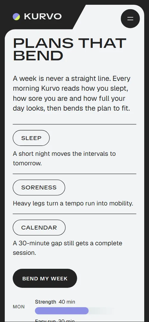 Fitness app landing page template: first screen on a phone