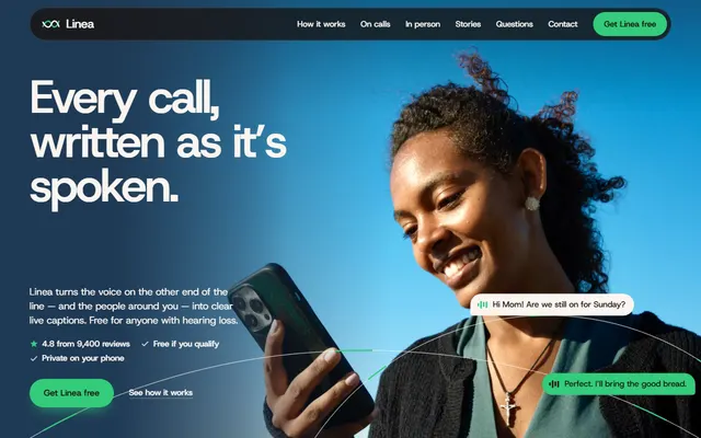 Linea, a free app landing page template: first screen