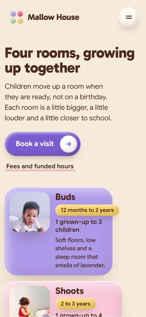 Daycare website template: first screen on a phone
