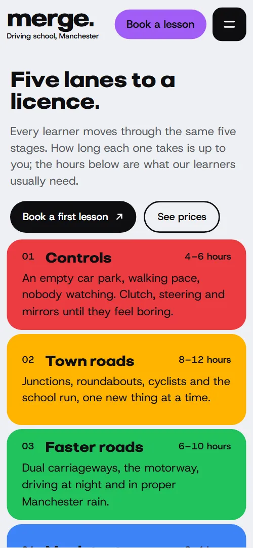 Driving school website template: first screen on a phone