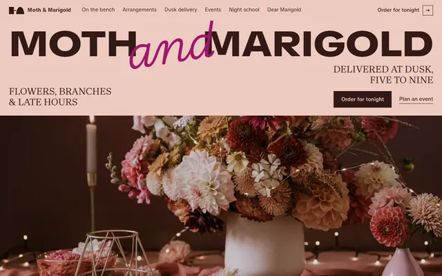 Moth & Marigold, a free florist website template: first screen