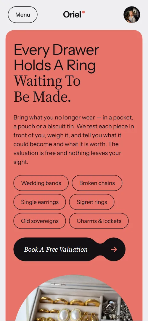 Jewelry website template: first screen on a phone