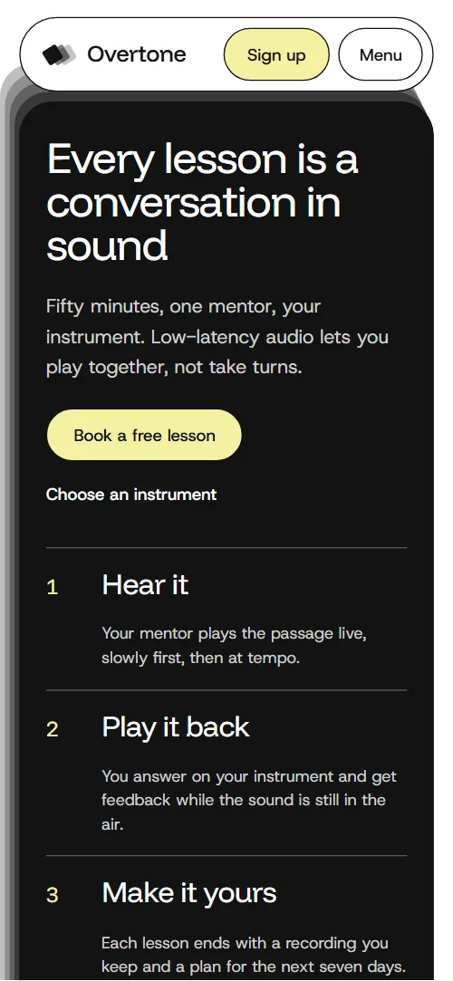 Music school website template: first screen on a phone