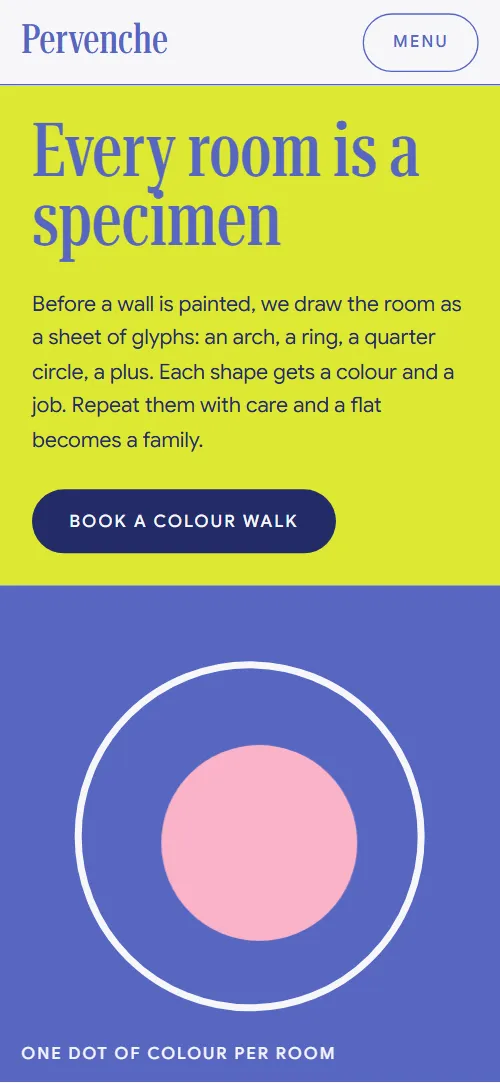 Interior design website template: first screen on a phone