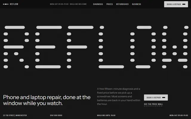 Reflow, a free repair shop website template: first screen