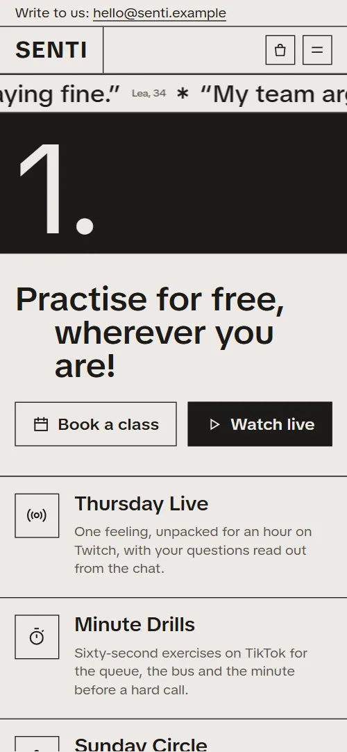 Wellness studio website template: first screen on a phone