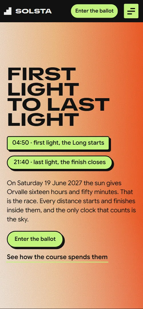 Running race website template: first screen on a phone