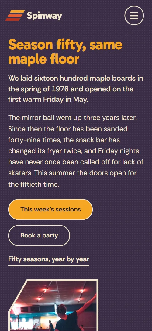 Roller rink website template: first screen on a phone