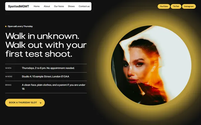 Modeling agency: first screen