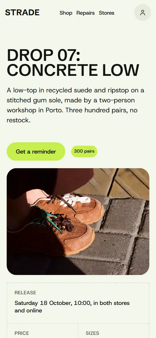 Sneaker store website template: first screen on a phone