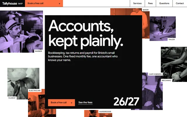Tallyhouse, a free accountant website template: first screen